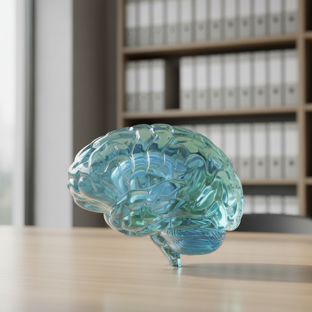A highly detailed, transparent 3D glass brain sculpture resting on a smooth, pale wooden surface, its different regions subtly tinted in calming blues and greens to suggest cognitive functions without any labels. Behind it, out of focus, stand neatly arranged shelves with binders and books in neutral tones, conveying organization and expertise. Natural diffused light from a large window to the side casts soft reflections and highlights through the glass, creating a serene, scientific mood. Photographic realism with a centered composition and medium depth of field, emphasizing clarity, precision, and a non-intimidating, modern neuropsychology setting.