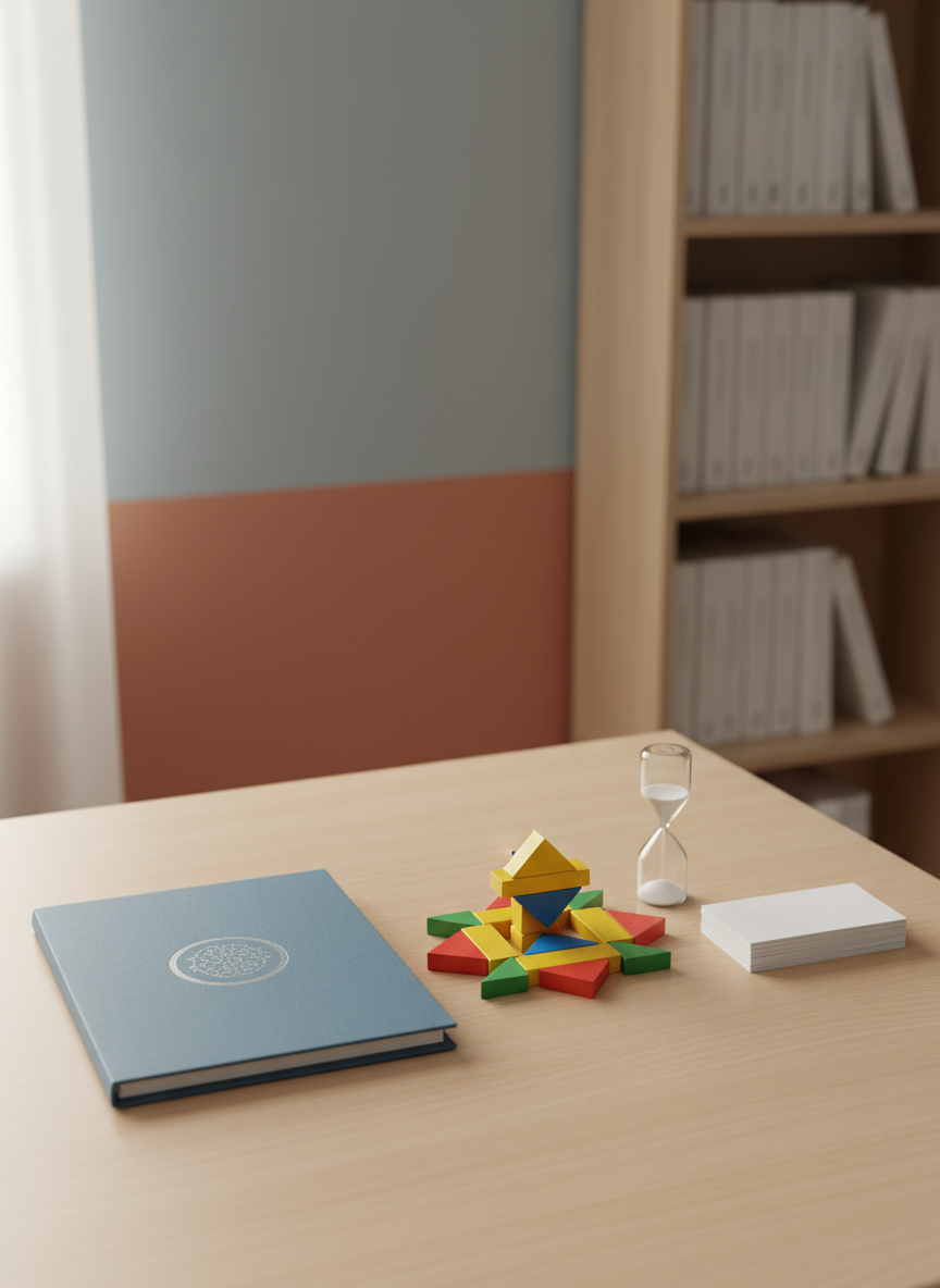 A set of neuropsychological assessment tools carefully laid out on a light beech table: pattern blocks forming a simple geometric design, a clear plastic timer, a stack of blank white cards, and a closed folder with a subtle professional emblem but no readable text. The background shows a clean, softly colored wall and a discreet bookshelf, slightly blurred. Warm, indirect daylight creates a gentle, even illumination without harsh contrasts, giving a sense of reliability and calm. Shot from a slightly elevated angle with photographic realism and balanced composition, highlighting the structured, methodical nature of cognitive evaluations while remaining approachable and non-clinical.