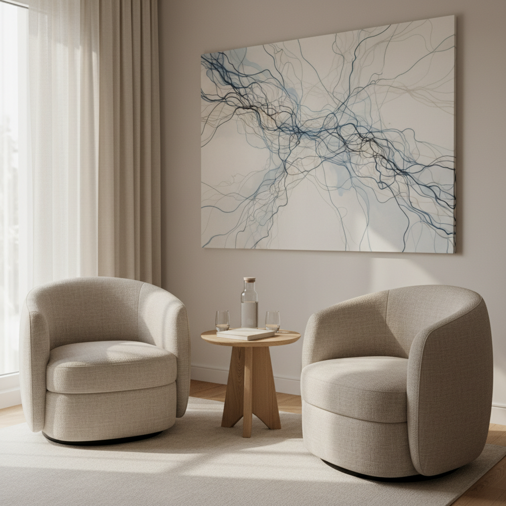 A comfortable, neutral-toned consultation corner without people, featuring two modern fabric armchairs facing each other with a small round wooden table between them. On the table sit a simple glass water carafe with two empty glasses and a closed, unmarked notebook. Behind, a large abstract wall art inspired by neural networks in soft blues and grays adds a subtle neuropsychology theme without text. Soft afternoon light filters through sheer curtains, casting delicate patterns on the floor. Photographic realism with an eye-level composition and moderate depth of field, creating a tranquil, safe, and professional atmosphere for psychological support and discussion.